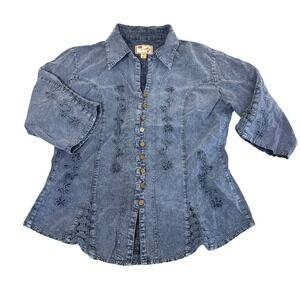 Scully Western Cowgirl Boho Top Button Embroidered Crochet Acid Denim Blue Large